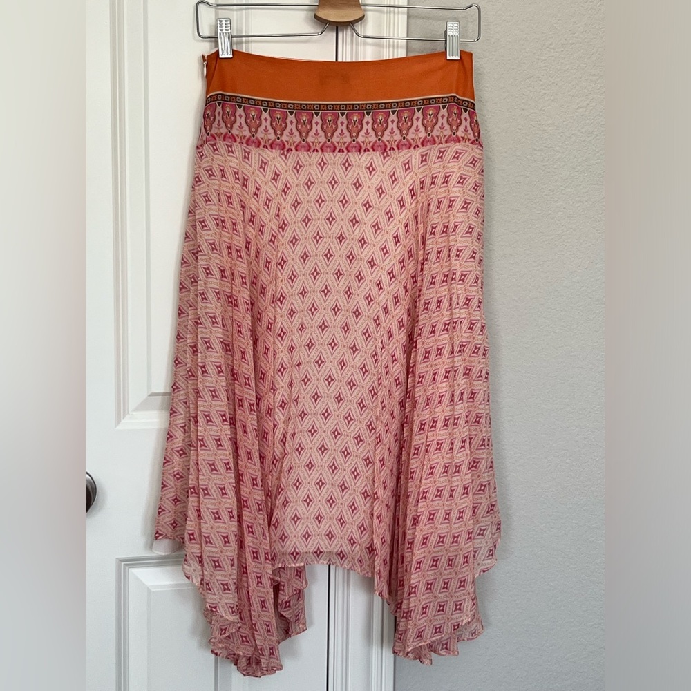 Banana Republic 100% Silk Orange Asymmetrical Midi Boho Skirt Size 2 Indie Flowy